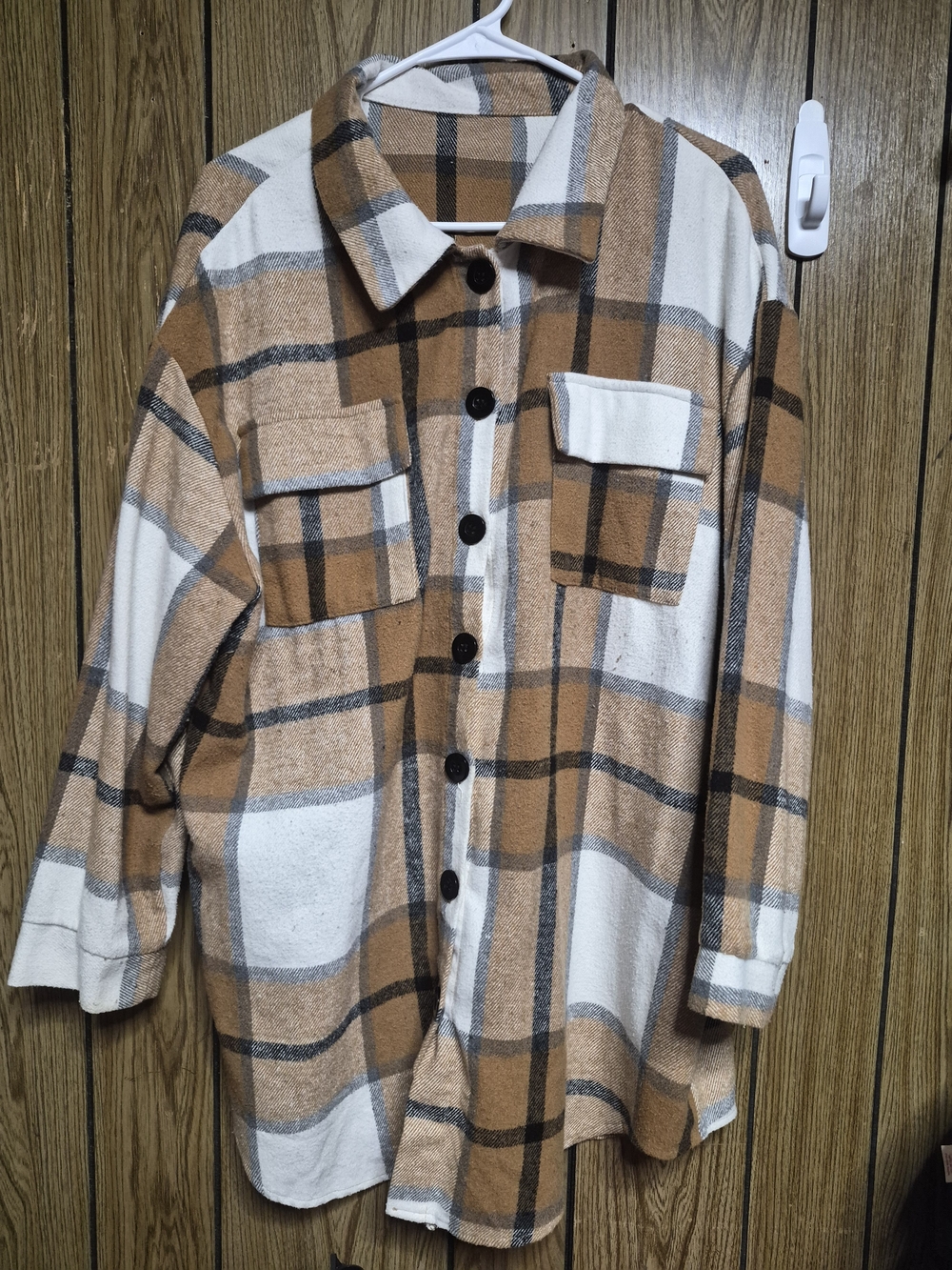 Camel Brown White Plaid Oversized Flannel Shacket Top